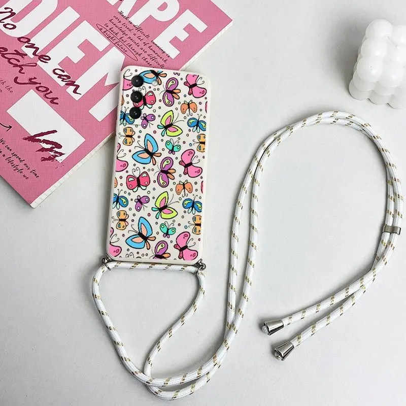 Charm Butterfly Crossbody Lanyard Silicone Phone Case For Samsung Galaxy S23 S22 S21 S10 S9 S8 Plus Note 20 ultra 10 Plus Cover