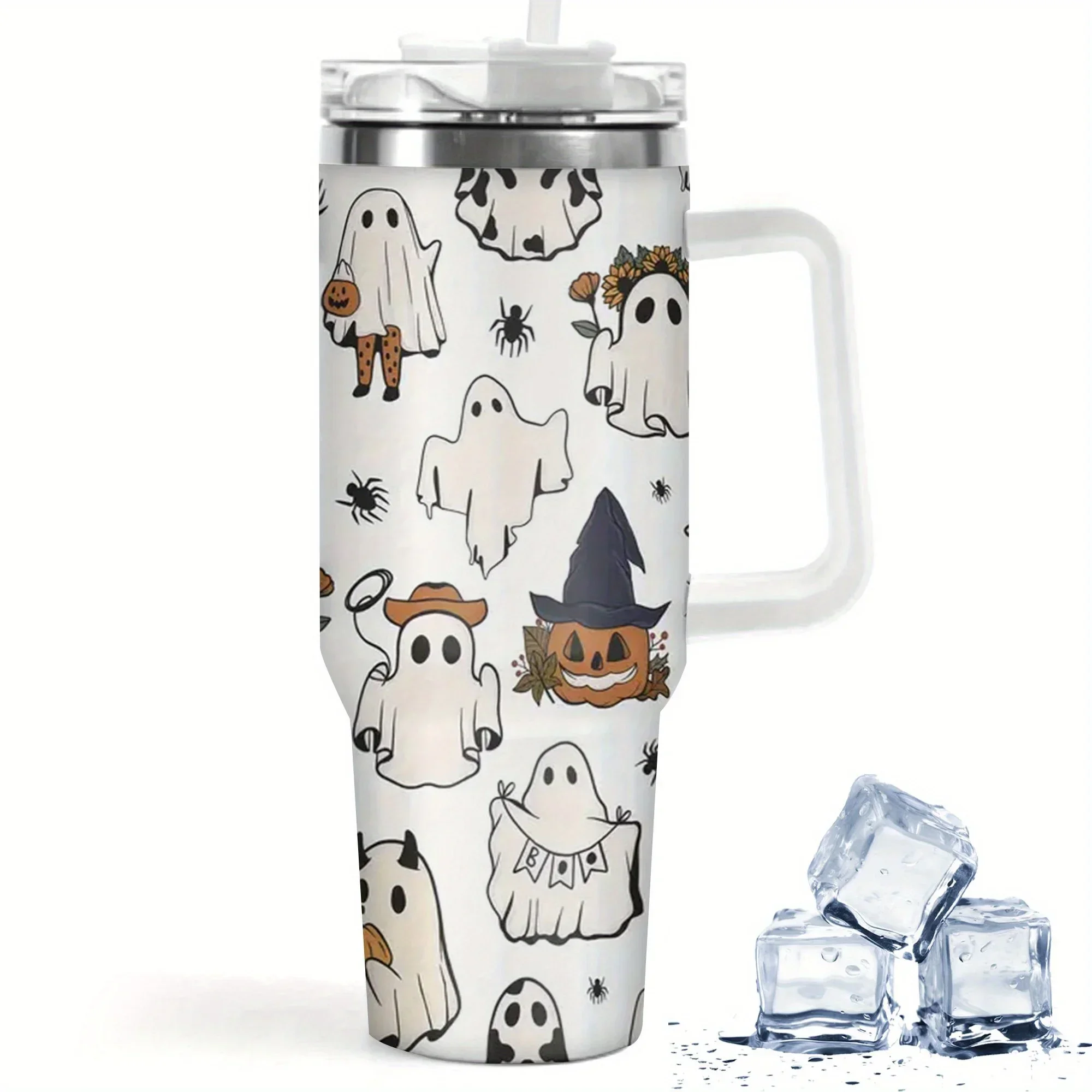 40oz Cute Ghost Pumpkin Spider Halloween Print Insulated Stainless Steel Travel Tumbler With White Handle Straw Lid Large Thermal Cup Halloween Party Gift