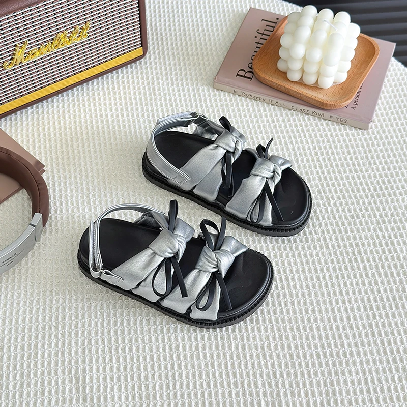 2026 Summer Girls Princess Sandals with Double Bow-knots Soft Fashion Classic Kids Summer Beach Shoes Open Toes Sweet Anti-skid