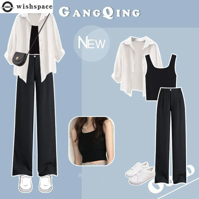 Spring/Summer Set Women\'s New Korean Edition Wearing Sunscreen Shirt with Hanging Straps and Casual Suit Pants Three Piece Set