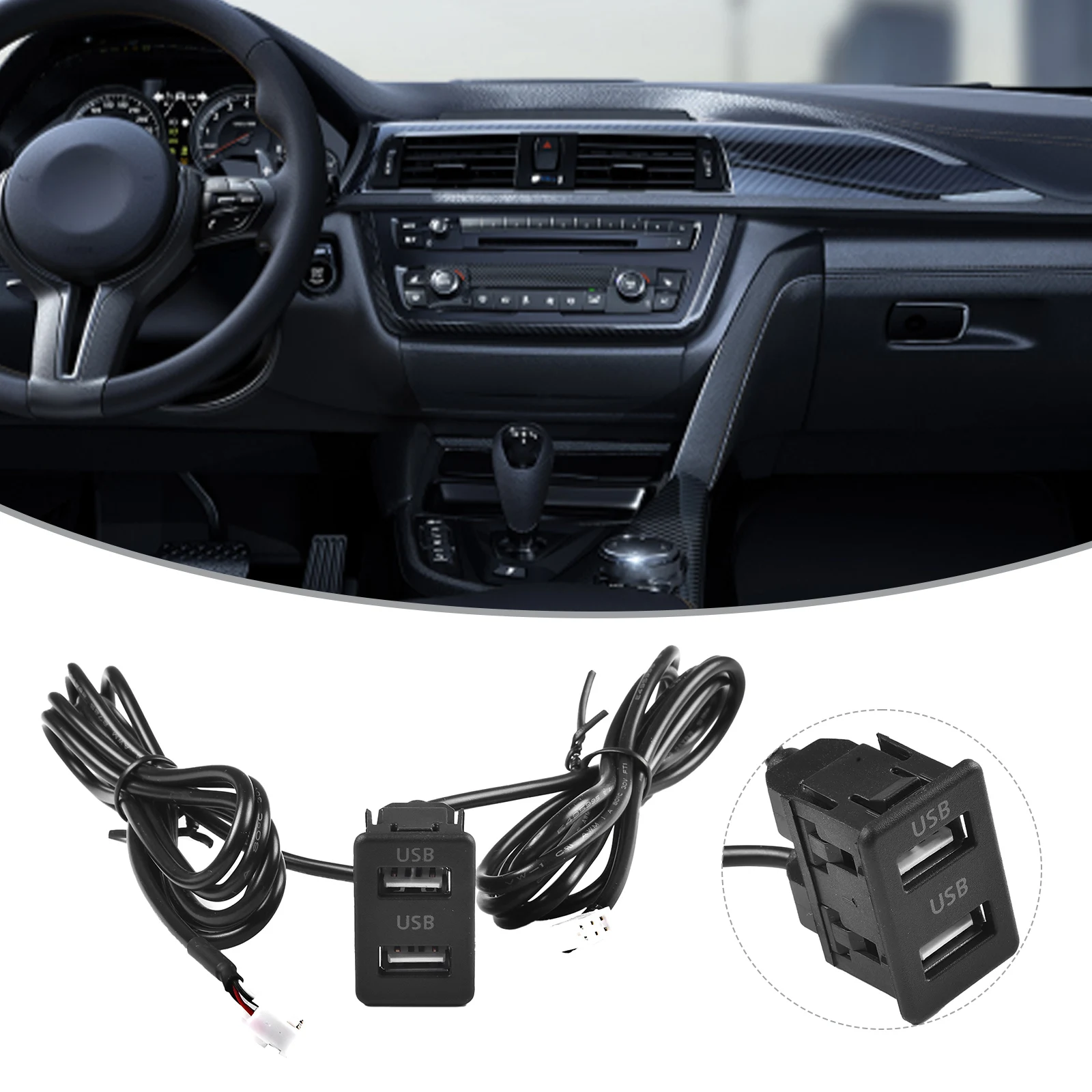 Panel de puerto USB dual con adaptador de cable de extensión de 145 cm para instalación de montaje en tablero de automóvil en salpicaderos y superficies de vehículos