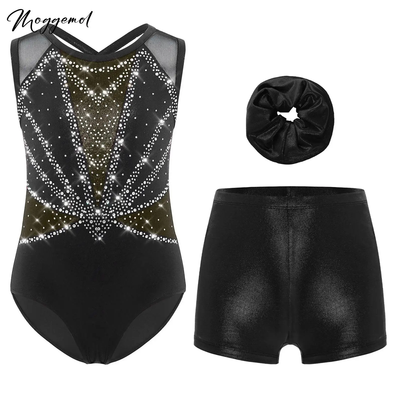 

Детский комплект из 3 предметов для девочек, гимнастический балетный танцевальный комплект, крест-накрест на спине, блестящие стразы, металлический спортивный купальник с шортами и повязкой для волос