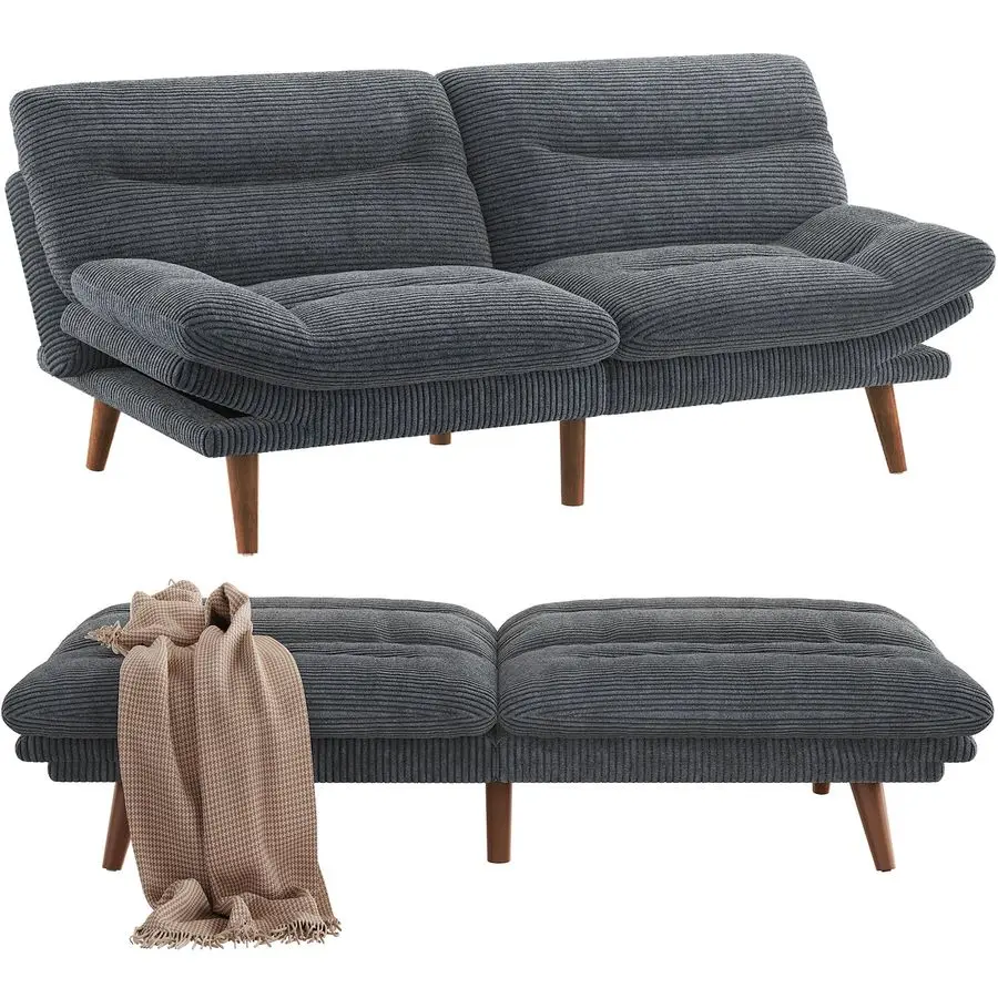 Futon Sofa Bed, 66 Corduroy Futon Couch Convertible with Adjustable Backrest and Armrests, Recliner Sleeper Sofa, for Small Spac