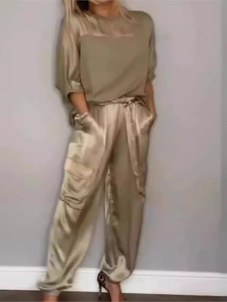 

Women's Fashion Two Piece Set Casual Solid O Neck Pullover Tops And Long Pants For Women Spring Summer New Womens Clothing Suit