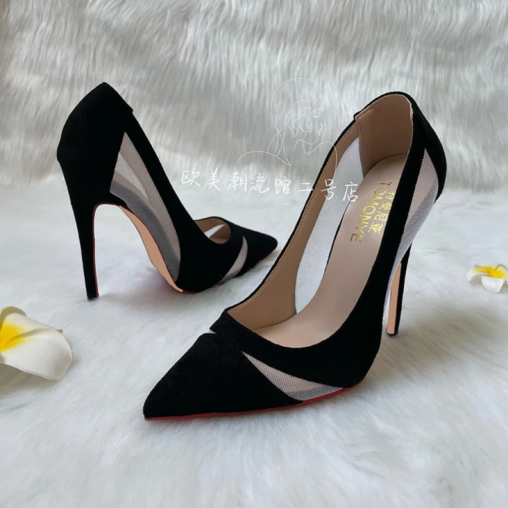 Hot sale TOMONYE black suede with white mesh plus size 44, 45, 46 small size 33 12cm high heel shoes pump women shoes on sale