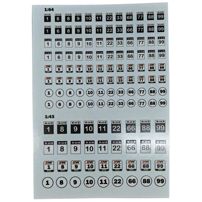 1PC Racing Number Water Decal for 1/64 1/43 Scale Car Model Round Rectangular Numeric Patterns Waterslide Decals Body Decoration