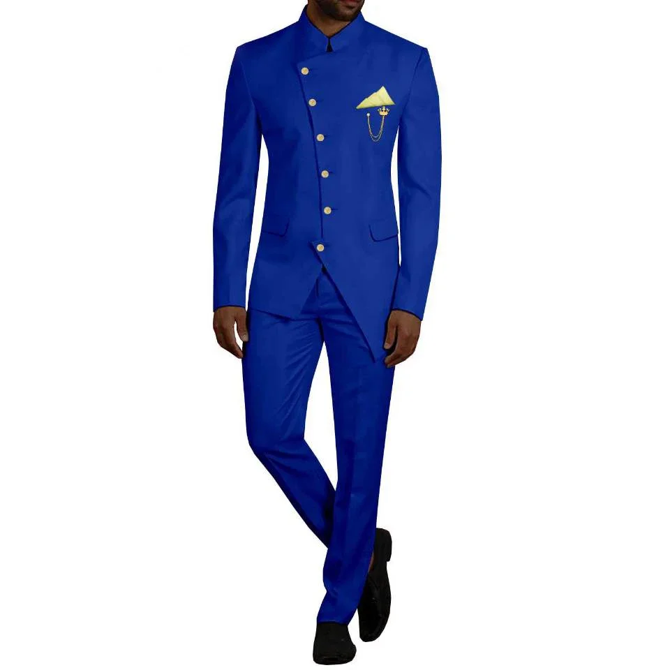 

High Quality Stand Collar Men's Suit Slim Fit Indian Style Wedding Party Tuxedos Formal Groom 2 Piece Sets Blazer Pants Outfits