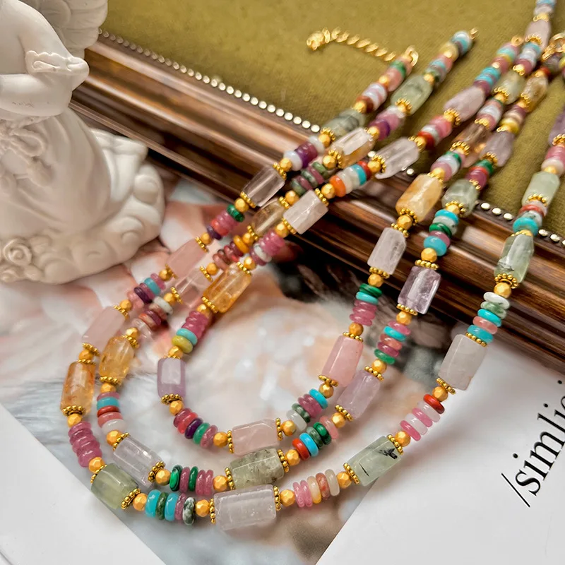 

Retro Shaped Pink Rose Quartz Stone Colorful natural stone Natural Pearl Necklace Bracelet Set Clavicle Chain Female