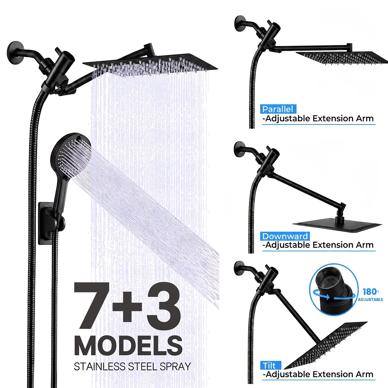 Matte Black Rain Shower Head Combo Set with 7+3 Spray Modes, Square Stainless Steel Overhead Rainfall Shower and Multifunction Handheld Shower Sprayer, 180° Adjustable Extension Arm High Pressure Shower Kit,  Fixture for Home Bathroom Remodel