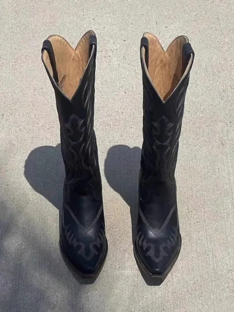 

Pointed Toe Embroider High-Top Knight Boots Thick Heel Knee-High Retro Western Botines Black Slip-On Women Long Botas Femininas