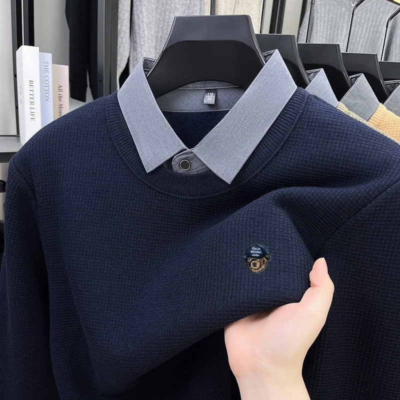 เสื้อสเวตเตอร์ถักลายสองชิ้นแบบใหม่สำหรับผู้ชาย ดีไซน์เนอร์ออกแบบ คอปก แขนยาว อุ่นสบาย ไม่เป็นขุย สไตล์ลำลอง ธุรกิจ สำหรับฤดูใบไม้ร่วงและฤดูหนาว