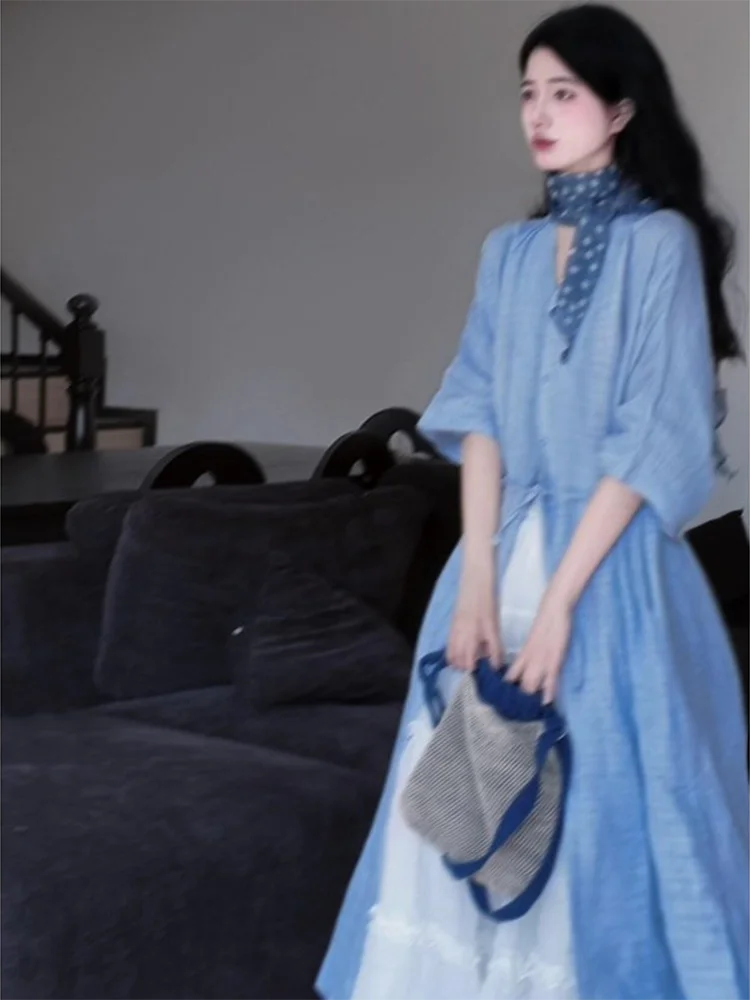 

Blue Loose Fit irt Dr Korean Sle Casual Versatile Women's Spring New Lazy Sle Mid-Length Top for Young Girls