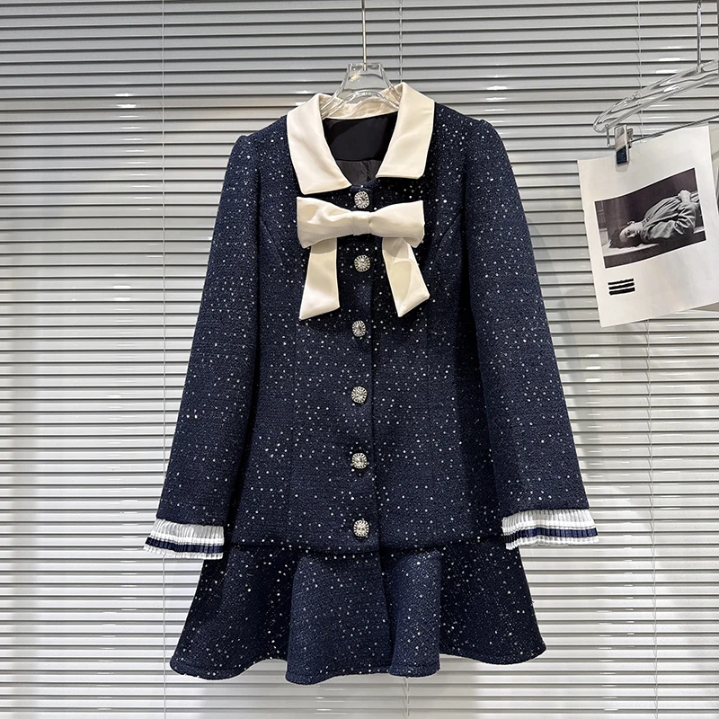 

French style bow coarse tweed down lining middle long jacket 2025 winter new elegant color blocking commute jacket