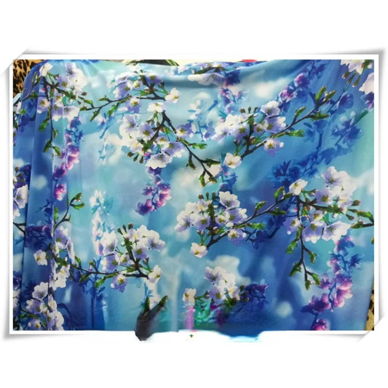 Factory Direct Sales of Four Sided Elastic Milk Silk Knitted Bottom Plum Blossom Printed for Dresses and Long Skirts Fabric