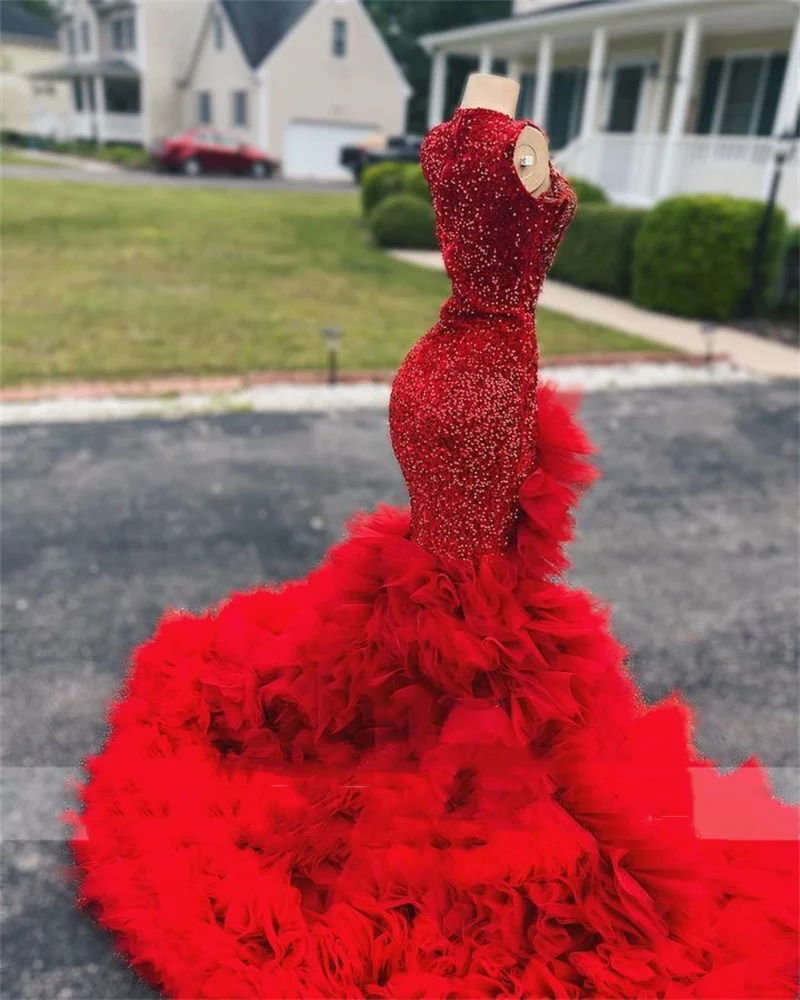 Red Long Prom Dress For Black Girls Mermaid Beaded Crystal Ruffles High Slit Evening Gown Birthday Party Gala Dresses Customized