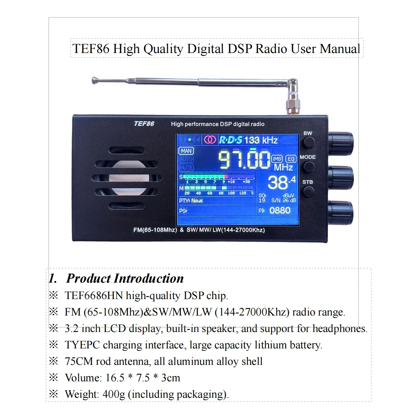 TEF6686 FM(65-108Mhz)&SW//LW(144-27000Khz) DSP Radioempfänger RDS mit Batterieantenne ry