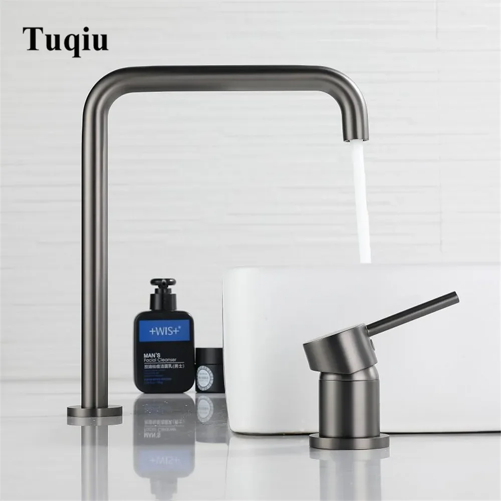 Basin faucet Bathroom super long pipe two holes Gun Grey bathroom faucet sink tap 360 rotating widespread Black basin Tap