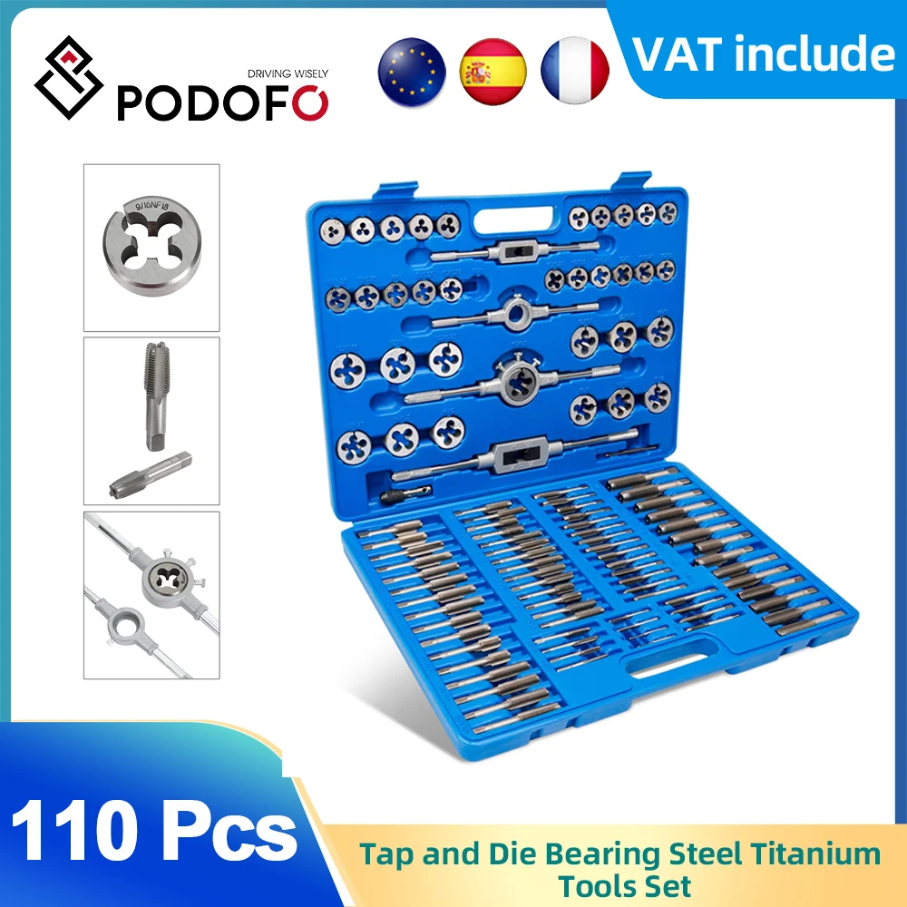 Podofo Tap and Die Set 110 Piece Metric and Standard Tap and Die Bearing Steel Titanium Tools Set for Repairing Cutting