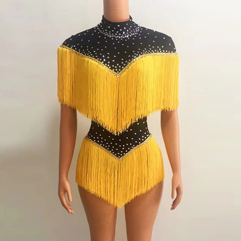 Mehrfarbiger Strass-Fransen-Overall, Sänger, Tänzer, Bühnenkostüm, Drag Queen, Stretch-Body, Nachtclub, Bar, Rave-Outfit yj004