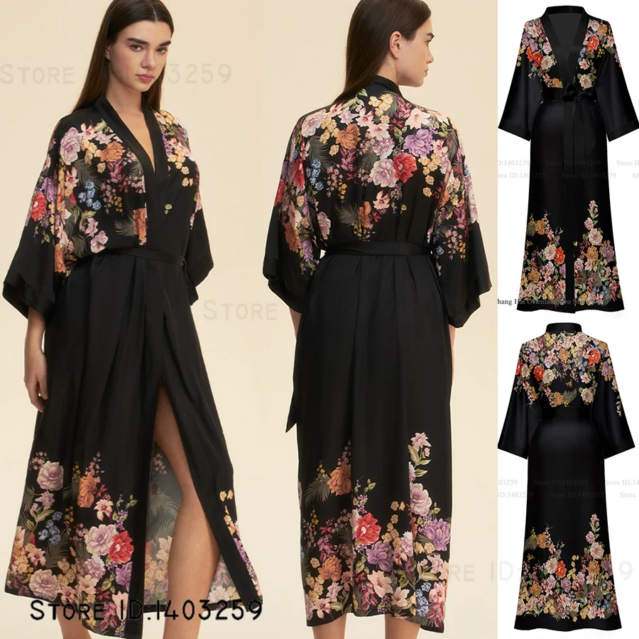 

Длинный халат с цветочным принтом больших размеров для женщин, шелковистое атласное кимоно, халат, домашний халат, элегантная сексуальная ночная рубашка, одежда для дома