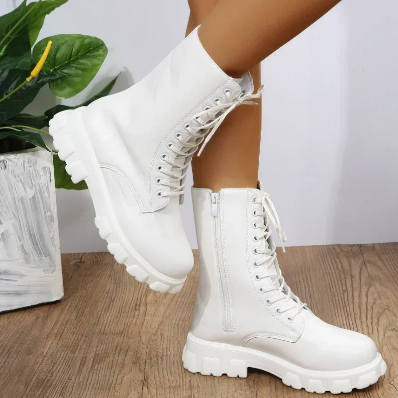 Boots Women 2024 Autumn Winter PU Leather White Ankle Boots Motorcycle Botines Female Chunky Heels Platform Boots Botas Mujer