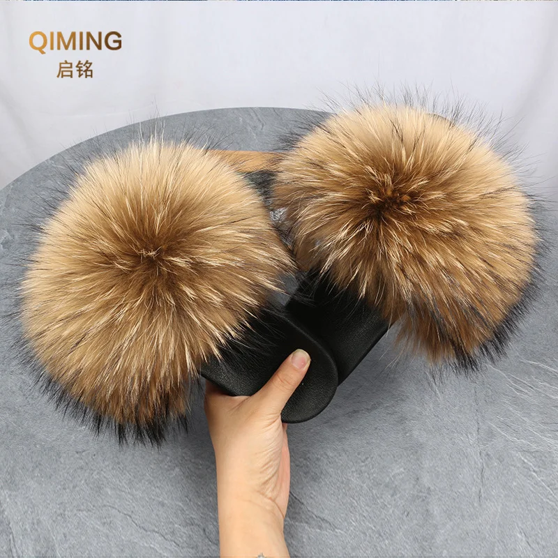 Summer Real Fur Slippers Plush Fluffy Raccoon Fur Slides For Women Flip Flop Flat Furry Outdoor Fashion Sandals Woman Shoes