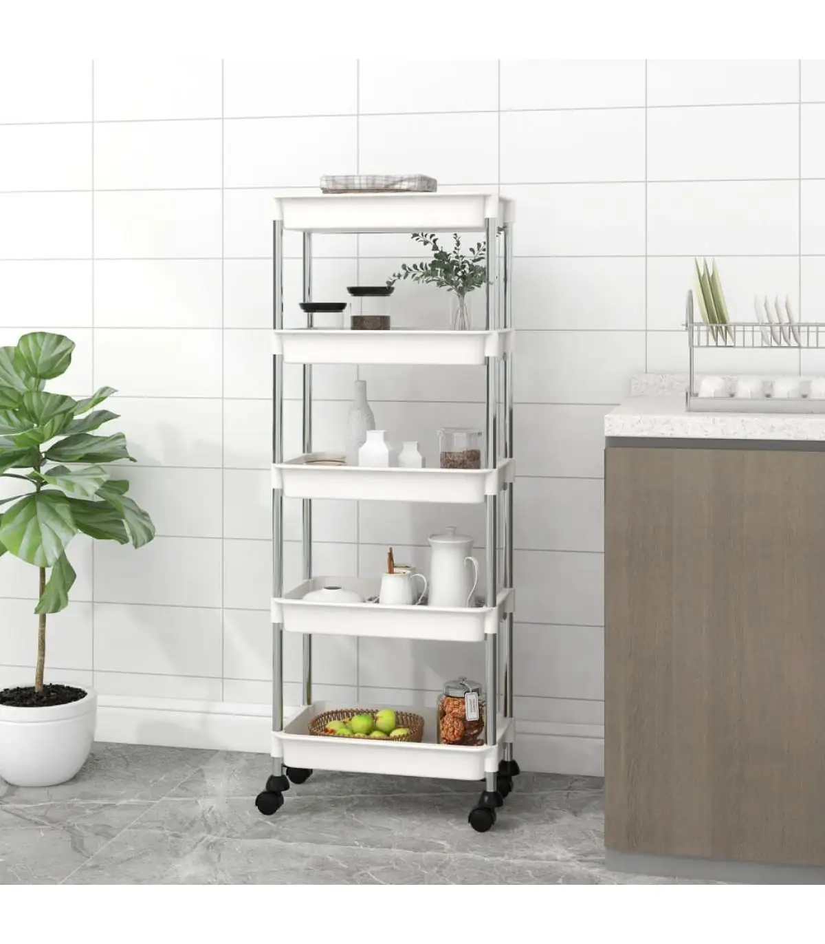 Kitchen and dining carts kitchen trolley 5 levels iron and ABS White 40x22x116 cm