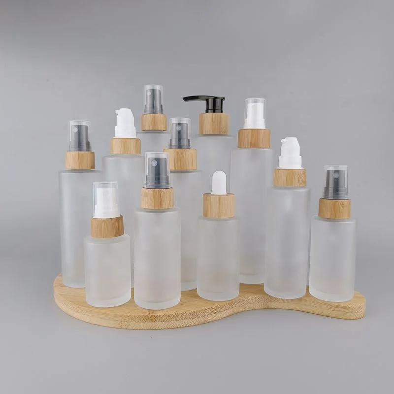 

Frost Glass Emulsion Pump Lotion Pump Bottles Shoulder Frosted Glass Bottle Empty Cosmetic Glass Bottle with Bamboo Spray Pump