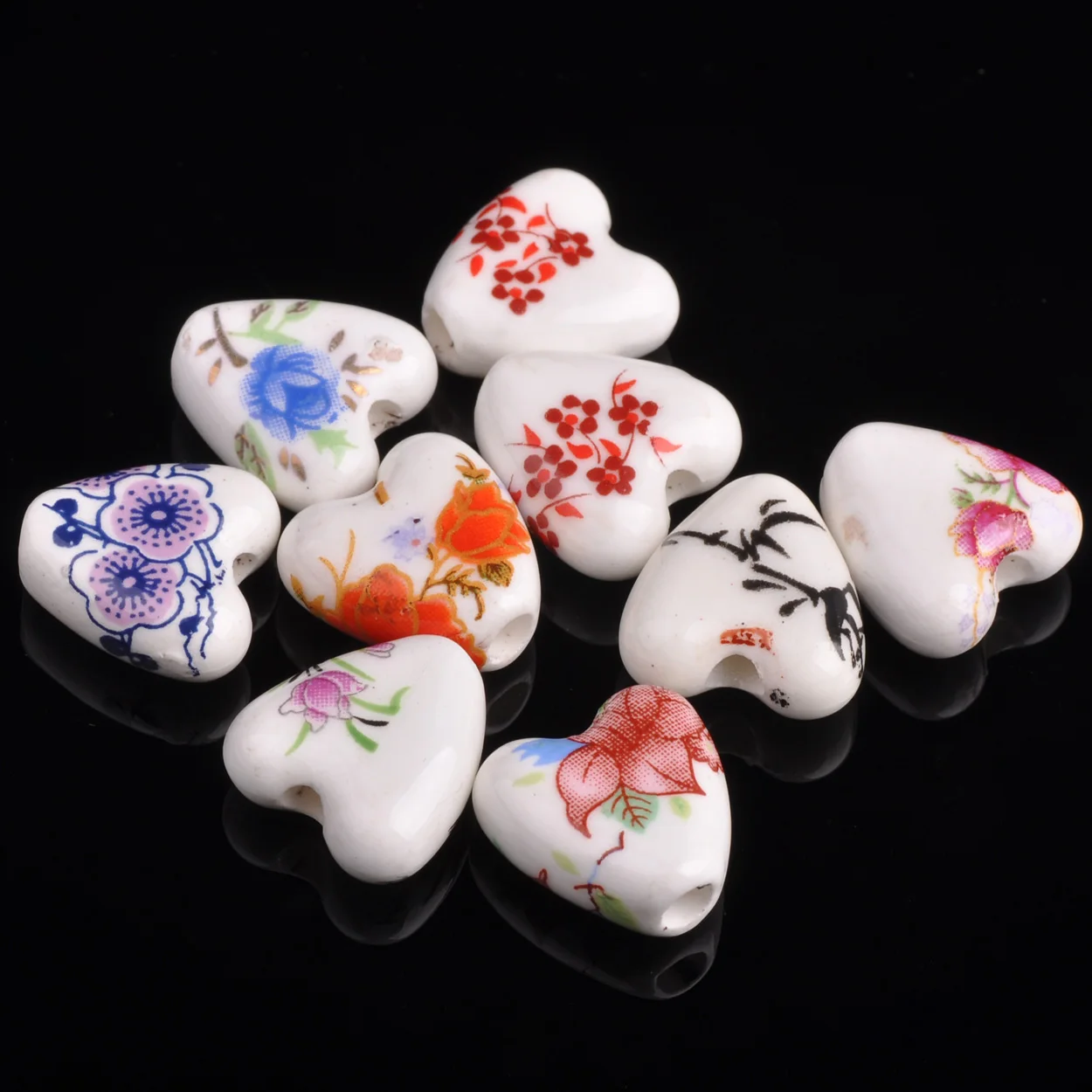 

10pcs Heart Shape 14mm Flower Patterns Ceramic Porcelain Loose Crafts Beads Lot For Jewelry Making DIY Findings