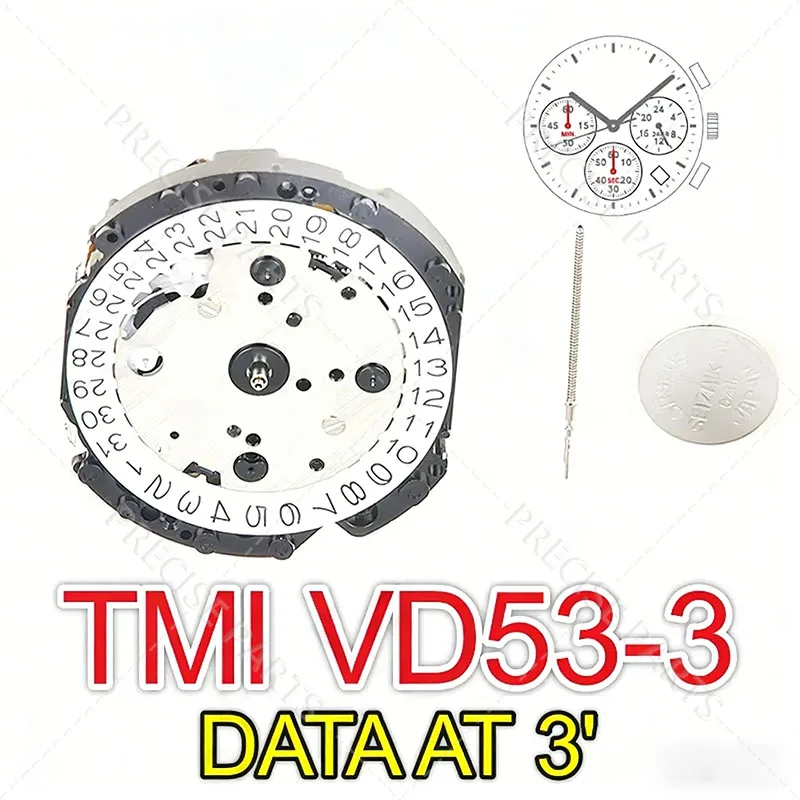 TMI VD53 VD53C-3 Quartz Movement 3 Hands with Date 3-Eye Chronograph Small Second Minute 24-Hour Indicator
