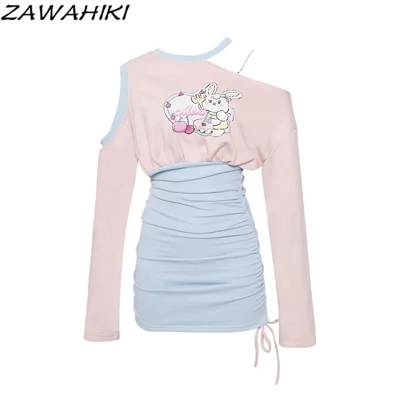 Sweet Dresses for Female Patchwork Contrast Color Ropa Mujer Y2K Off Shoulder Japanese Vestidos De Mujer Kawaii Women Clothing