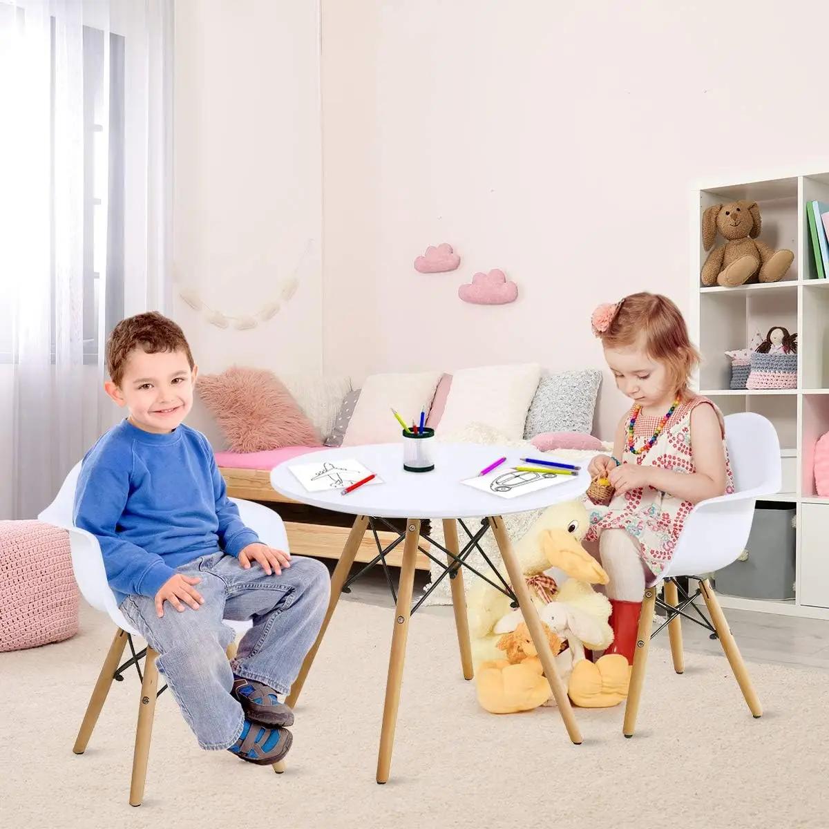 Juego de mesa y 2 sillas para niños, juego de mesa de estilo moderno de mediados de siglo, mesa redonda con sillones para niños pequeños, niños Di