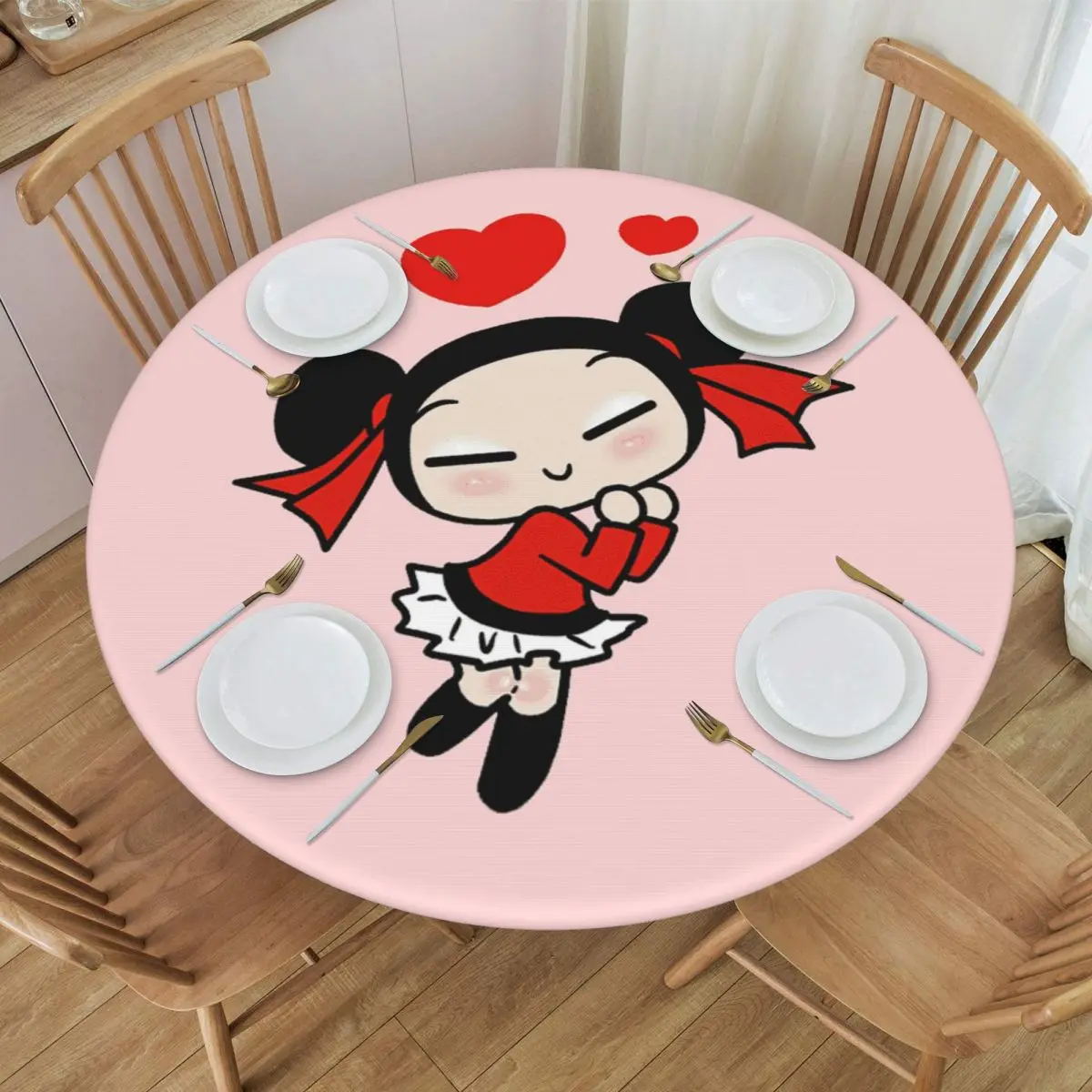 Cartoon Pucca Waterproof Round Tablecloth Oilproof Table Cloth for Kitchen Events Dining Table Cover