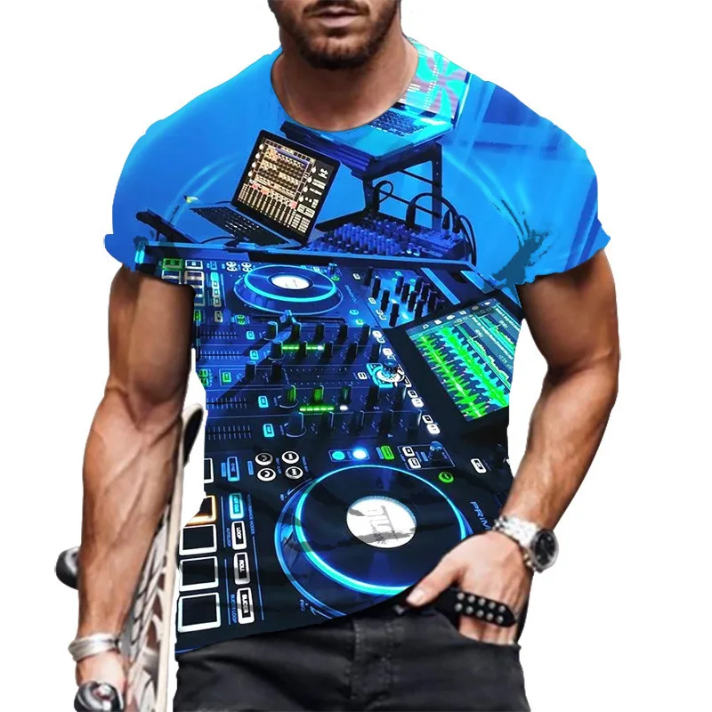 Rock DJ T-shirt Men's 3d Cd Print Short Sleeve Top Nightclub Music Rave Party Street Hip-hop Personality Crewneck Fashion Summer