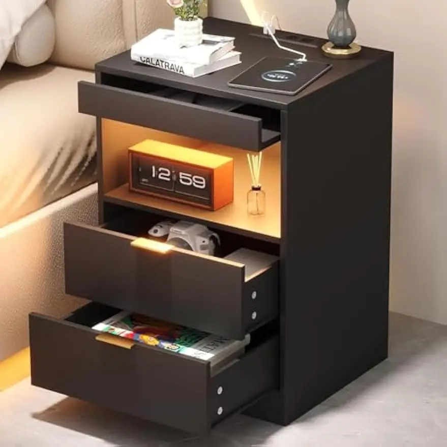 

Modern LED Nightstand with Charging Station, 2 Drawers & Pull-Out Shelf - Black
