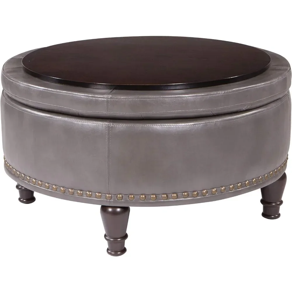 Home Goods Circular Storage Ottoman, with Decorative Nail Heads and Flap with Tray Surface, Tin Gray Synthetic Leather