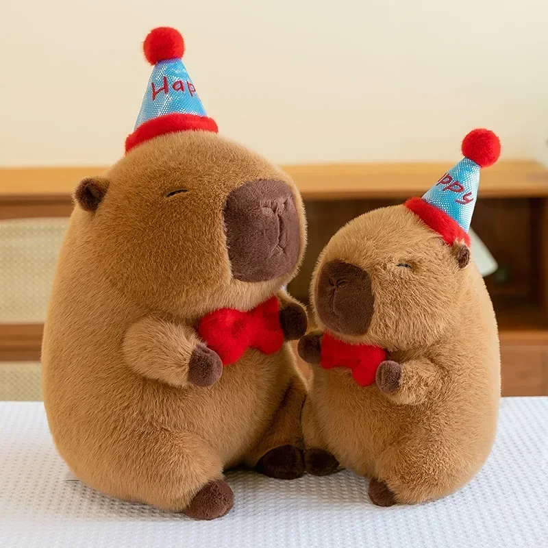 Novo 30-50cm bonito capivara pelúcia com chapéu feliz arco vermelho kawaii marrom capivara pelúcia aniamls brinquedos presentes de aniversário crianças