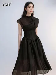 VGH Solid Hollow Out Sheer Mesh Dress For Women Stand Collar Sleeveless High Waist Temperament Long Dresses Female Fashion New