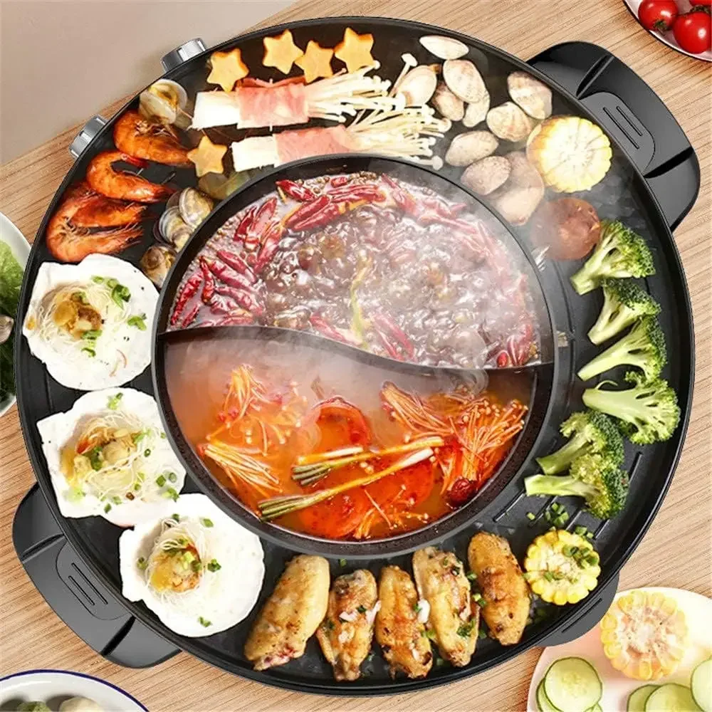 Electric Grill Hot Pot, 2 In 1 Electric Smokeless Barbecue Shabu Hot Pot Separate Pot Plate Base Dual Temperature Control Easy