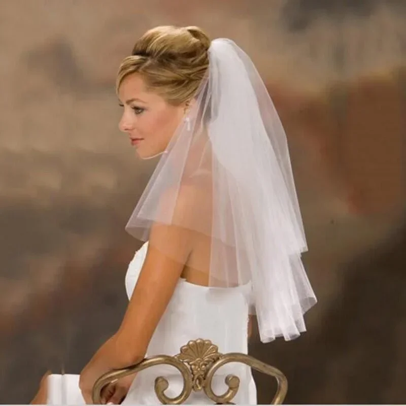 Bridal Veils Ivory White Short 2 Two Layers Bride Wedding Veil with Comb Simple Cut Edge Tulle Accessories