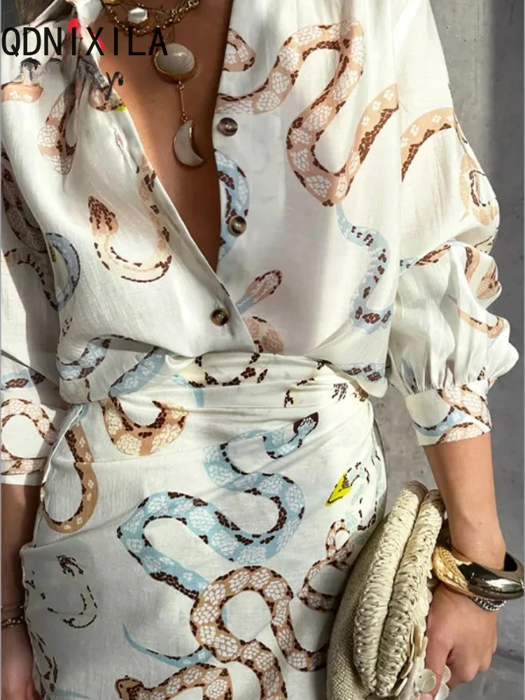 Summer Spring Women Skirts Sets Animal Printed Elegant Oversized Long Sleeve Shirts High Waist Skirts Two Piece Sets Women 2025