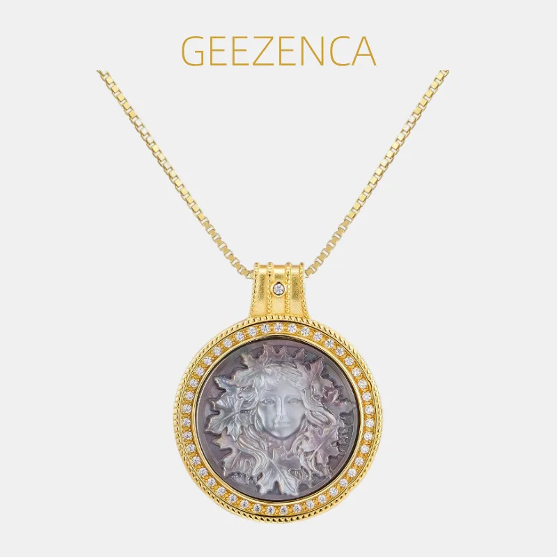 

GEEZENCA Real 925 Silver Black Mother of Pearl Cameo Round Disc Pendant For Women Gold Plated CZ Necklace Pendants Without Chain