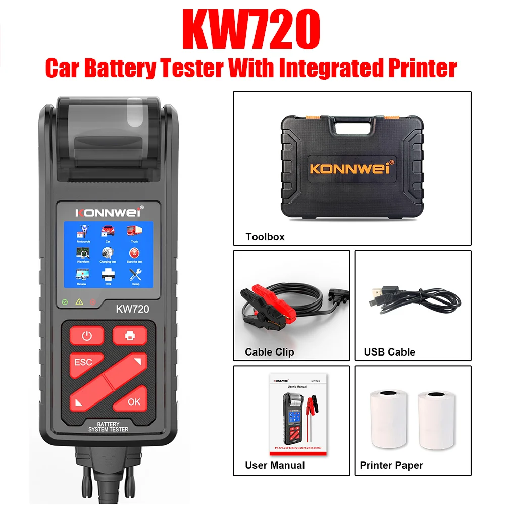 

KONNWEI KW720 6V/12V/24V Battery Tester Battery Analyzer With Printer Battery Load Tester Cranking & Charging System Test Scan