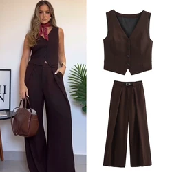 greatguy Women Fashion Chic Chocolate Set Female Side Vents Wasitcoat With Belt Pleated Trousers Ladies Elegant Outfits