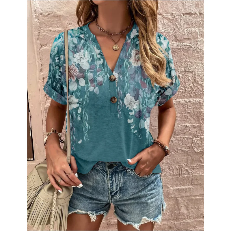 Blusa informal con estampado para mujer, cseta hoada de estilo callejero, Top con botones, cuello en V, manga corta de p...
