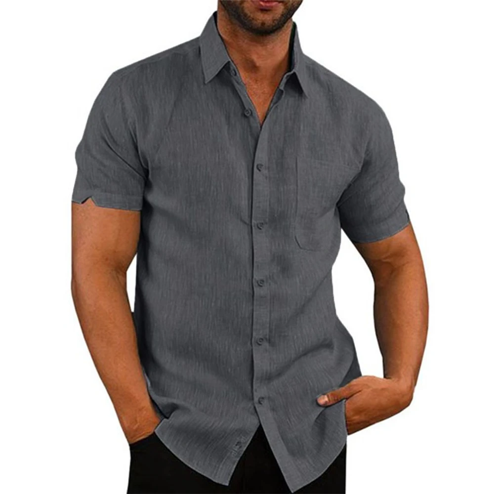 Cotton Linen Hot Sale Men\'s Short-Sleeved Shirts Summer Solid Color Turn-down collar Casual Beach Style Plus Size