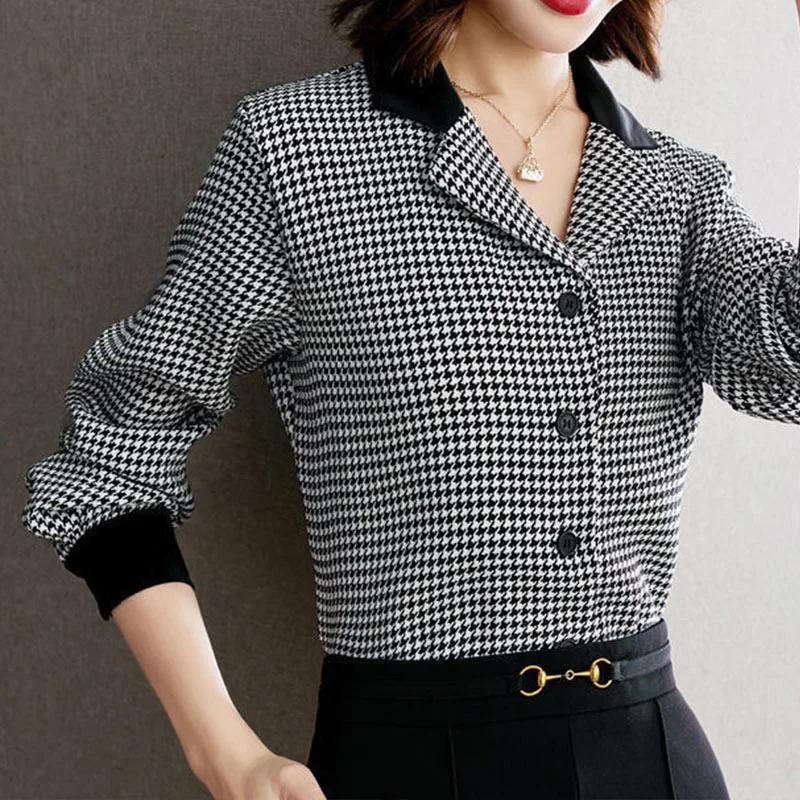 Houndstooth Shirts Women French Elegant Temperament Lapel Casual Blouse Office Ladies Commute Clothes Spring Vintage Chiffon Top