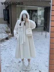 Sweet Single Breasted Elegant Warm Blends Winter casual A-line Coats Japanese Women Cute Hooded Woolen Coats Long Basic Daily