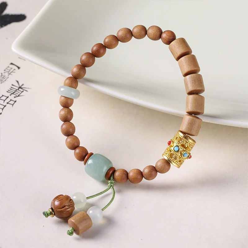 Creative Antique Green Sandalwood Bracelet Female Artistic Couple Bracelet Niche Design Buddha Beads Bucket Beads Zen Jewelry