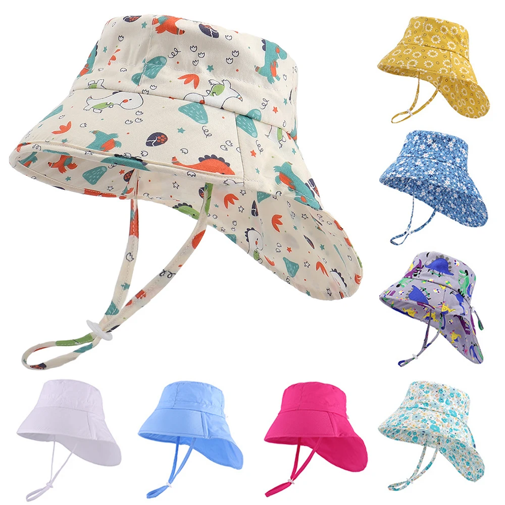 Summer Baby Sun Hat with Shawl Cartoon Adjustable Kids Bucket Hats for Girls Boys Beach Children Caps Neck Protection 1-6Y